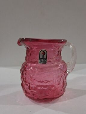 Pilgrim Pink Textured Handblown Glass Pitcher with Clear Handle